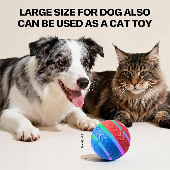 Pet Prime Interactive Dog Ball Toy Automatic Active Rolling Ball for Dogs Motion Activated with LED Light Rechargeable Self Moving Toy for Small Medium Large Dogs to Play Red/Blue