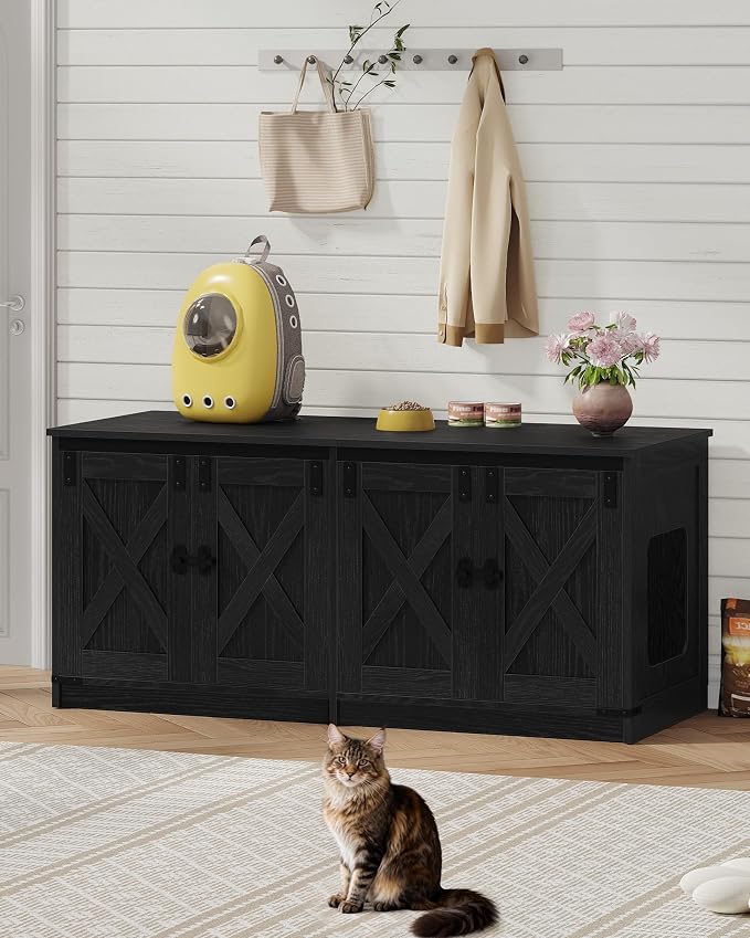 Hzuaneri Cat Litter Box Enclosure for 2 Cats, Hidden Litter Box Furniture Cabinet with Double Room, Indoor Cat House, Farmhouse Style, 46.7 x 18.9 x 21.1 Inches, Black CB85304X