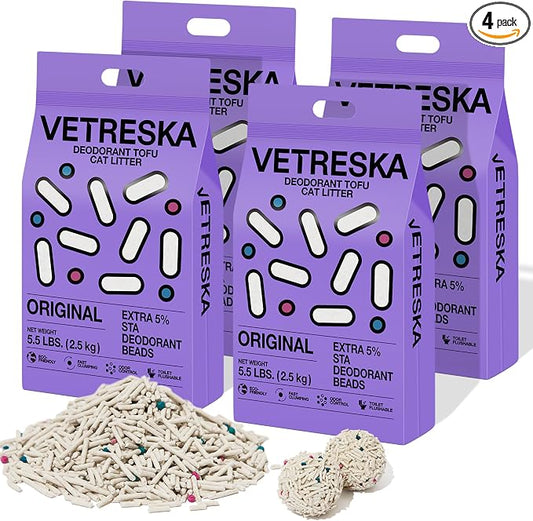 VETRESKA Tofu Cat Litter,Natural Kitty Litter Strong Clumping Flushable Cat Litter Pellets Ultra Absorbent,Odor Control,Dust-Free,Low Tracking Eco-Friendly Tofu Litter,Original(5.5lb×4bags)