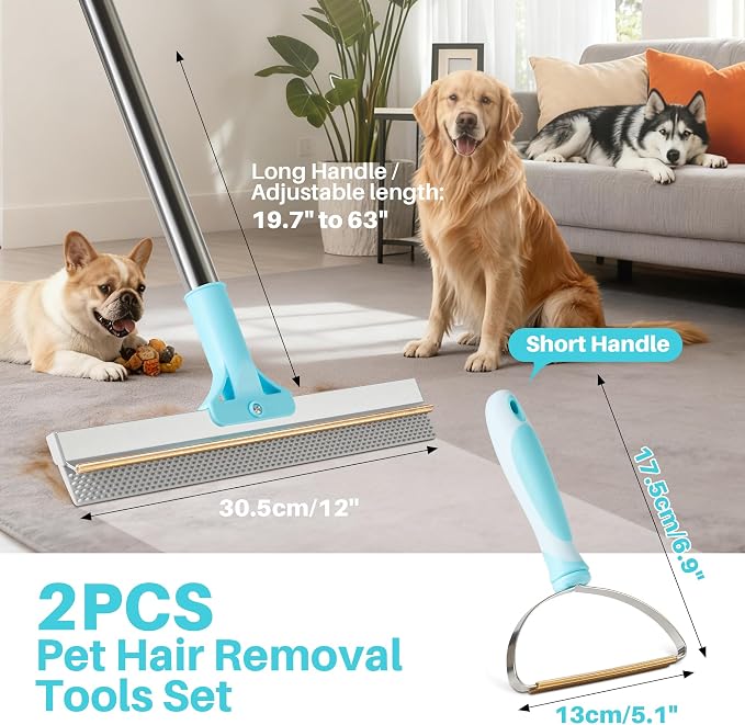 JOYMOOP 2 PCS Carpet Rake for Pet Hair Removal, 63" Adjustable Long Handle Carpet Rake and Short Handle Carpet Scraper for Carpet, Sofa,Cloth, Metal & Silicone Pet Hair Removal Tool