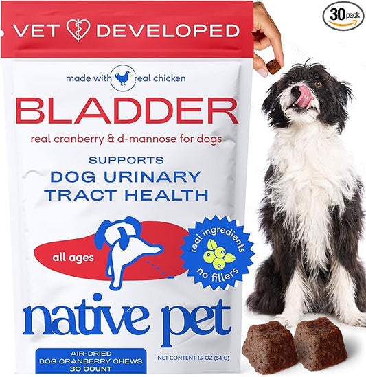 Native Pet Dog UTI Treatment - Cranberry Supplement for Dogs - Supports Normal Bladder Function, Urinary Tract & Kidney Health - Real Cranberry Extract, D-Mannose & Probiotics - Air-Dried - 30 Chews