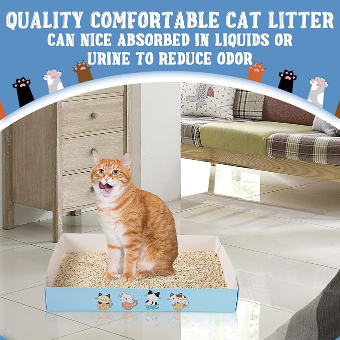 Roshtia 30 Pcs Disposable Cat Litter Box Foldable Paper Kitty Tray 13.8 x 10 x 2 Inch Portable Kitten Pan Low Entry Lightweight Cardboard(Meow,Blue)
