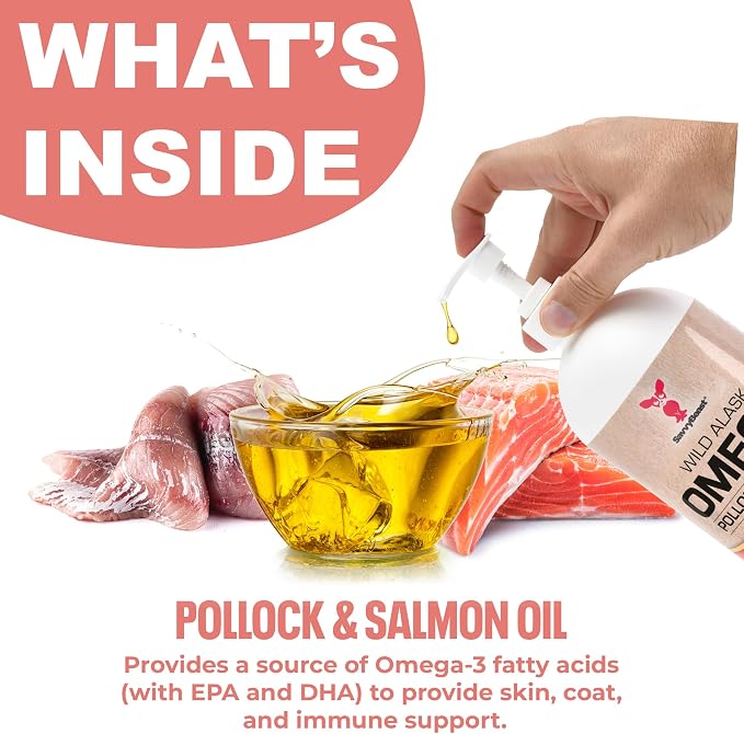 SavvyBeast Pollock & Salmon Oil for Dogs & Cats - Omega 3 Fish Oil Supplement with EPA & DHA - All-Natural Wild Caught Oil Supports Skin & Coat, Joint, Heart & Immune Health - Made in USA - 32 oz