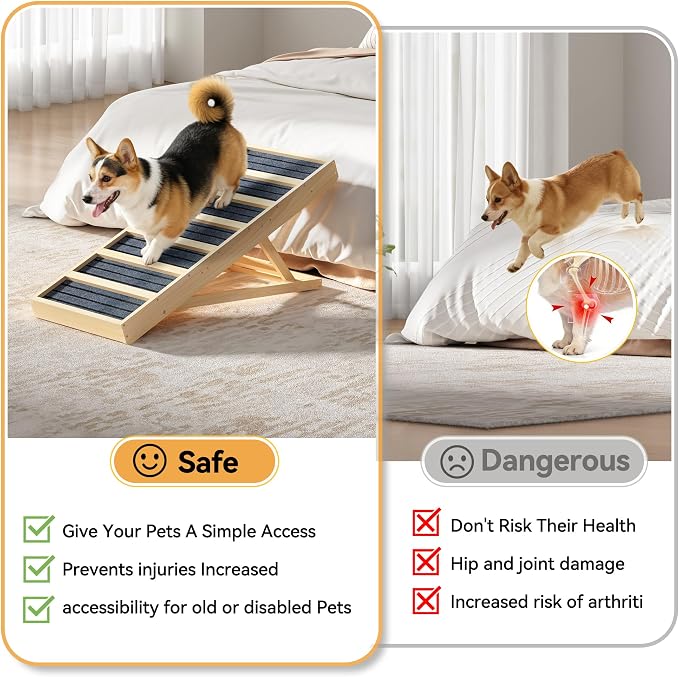 Adjustable Wooden Dog Ramp for Bed and Couch - 39" Folding Pet Ramp with 4 Heights and Non-Slip Safety Rails for 132lbs Small, Medium, and Senior Dogs