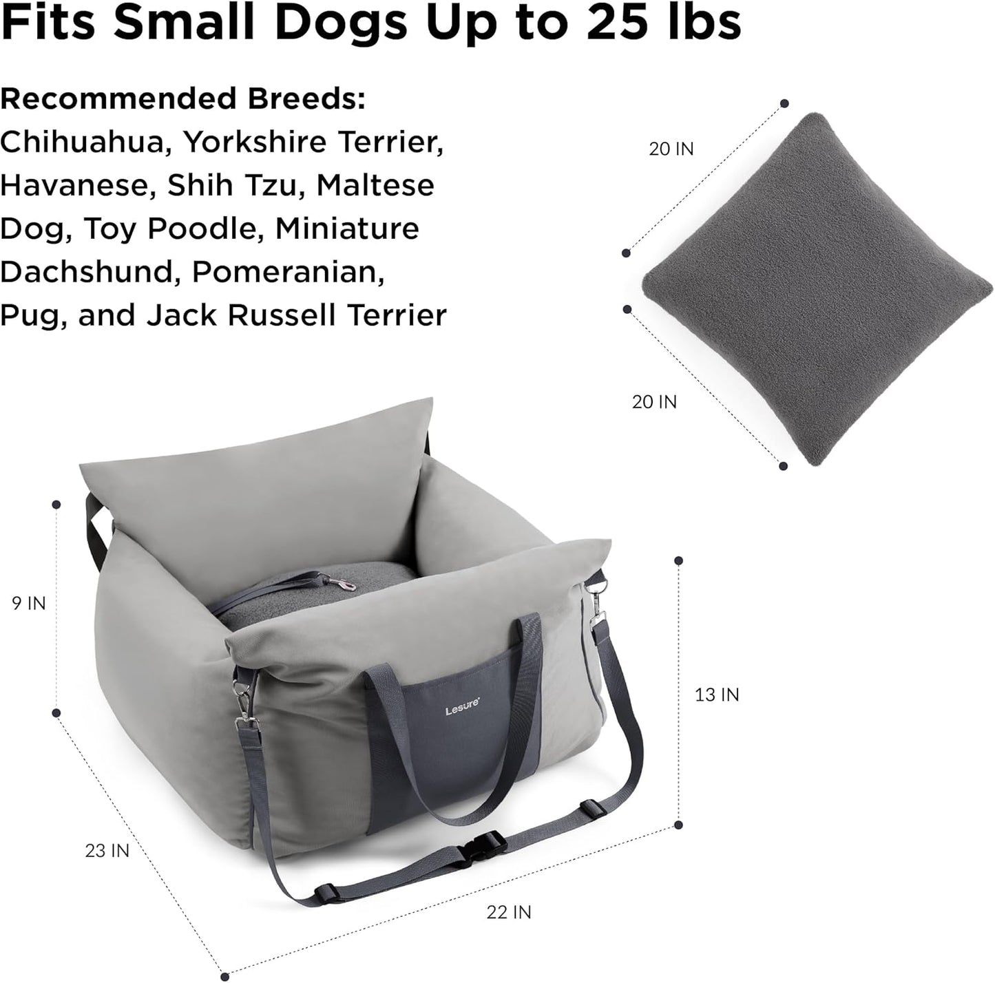 Lesure Small Dog Car Seat for Small Dogs - Soft Dog Booster Seat for Car with Storage Pocket and Clip-On Safety Leash and Thickened Memory Foam Filling, Pet Carseat Travel Carrier Bed, Grey