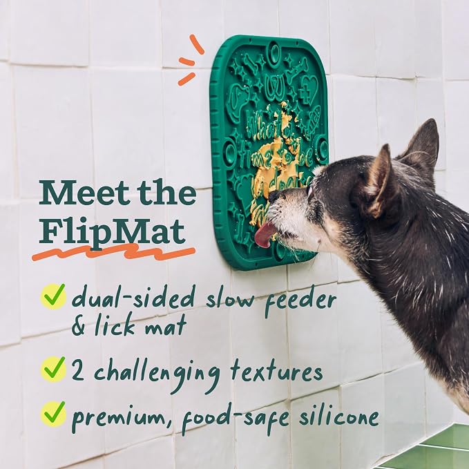 WOOF FlipMat Easy-to-Clean Lick Mat for Dogs - Slow Feeder Mat with Double-Sided-Non-Slip Design + LickWells Calming Support - Dog Lick Mat Spread and Calming Supplement for Dogs