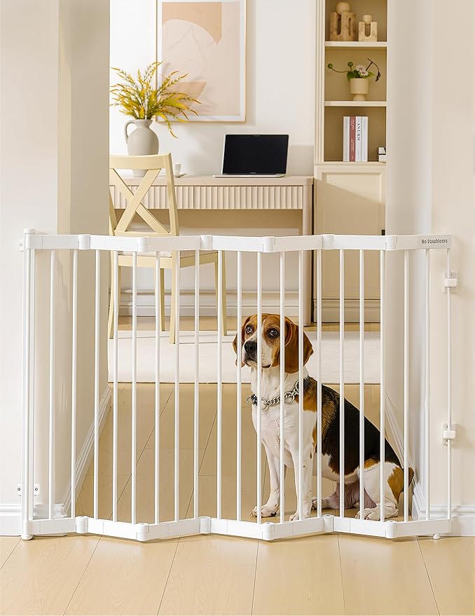 No Pawblems Retractable Safty Gate, Metal Adjustable Dog Gate for Doorways, Stairs & Hallways, Expands to 45" Wide, Auto Retract Design, No Bottom Bar, White