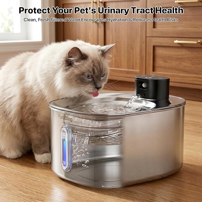 PartsBling Cordless Cat Water Fountain Stainless Steel, 4.2L/142oz Battery Operated Pet Fountain, Ultra Quiet Water Dispenser Cats&Dogs, 5000mAh Rechargeable, Easy to Clean, Includes 4 Filters, White