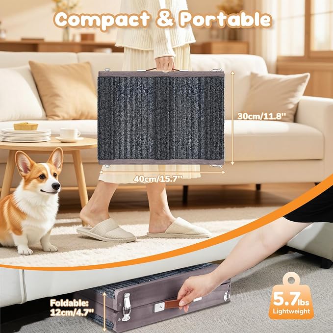 Pawaboo Foldable Dog Ramp, Small Dog Ramp for Couch, 4 Adjustable Height from 13'' to 21", Stable Pet Steps with Non-Slip Pad, Portable Pet Ramps Use for Couch Sofa Stairs, Grey Purple