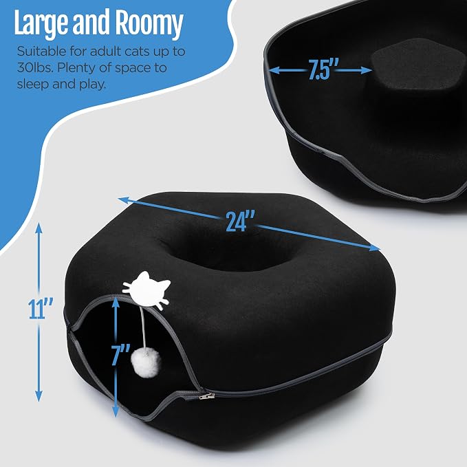 Large Cat Cave Bed for Indoor Cats, Cat Donut Tunnel Bed with Peekaboo Hideaway, Hanging Toy Ball & 3 Play Balls, Felt Cat Cave Bed for Multiple & Large Cats to 30lbs, Detachable Washable Meow Mansion