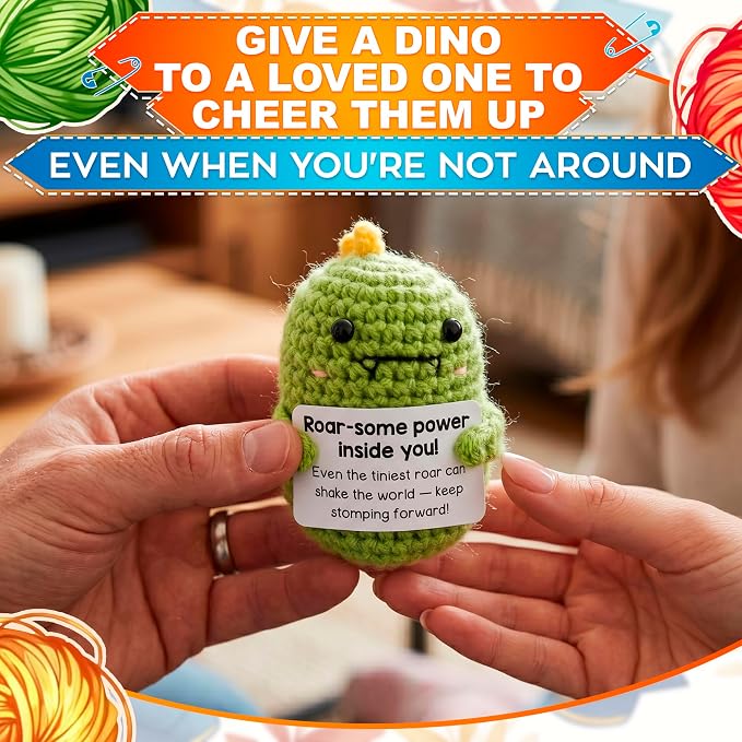 Reluen Crochet Dinosaur, Roar-Some Power Inside Handmade Mini Dinosaur Crochet Animal with Inspirational Affirmation Card, Dinosaur Desk Accessories Gift for Women Men Adults Mom Daughter Coworker