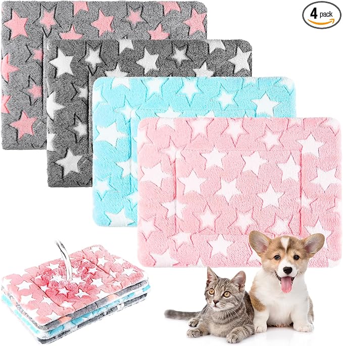 Haull 4 Pcs Waterproof Guinea Pig Bedding Soft Dog Cat Bed Crate Mat Small Animal Plush Cage Liners Rabbit Bunny Kennel Pad Reversible Cozy Pee Thickened Hamster Pad(Cute Star,18 x 24 Inch)