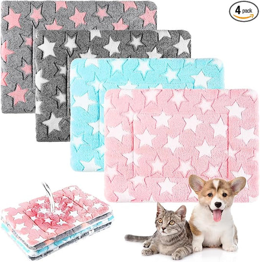 Haull 4 Pcs Waterproof Guinea Pig Bedding Soft Dog Cat Bed Crate Mat Small Animal Plush Cage Liners Rabbit Bunny Kennel Pad Reversible Cozy Pee Thickened Hamster Pad(Cute Star,18 x 24 Inch)