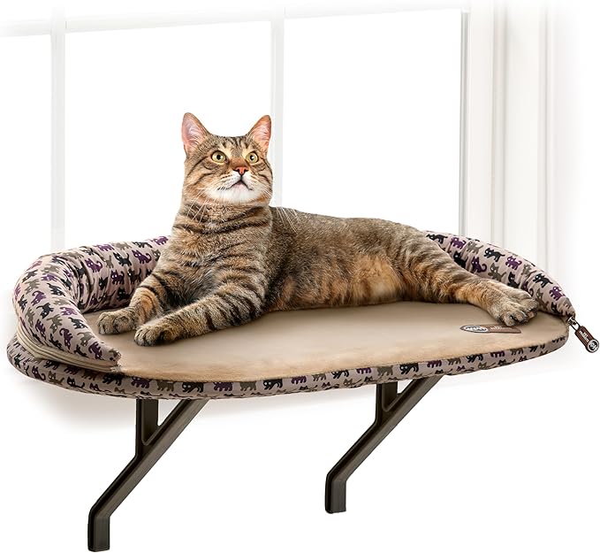 K&H Pet Products Bolster Kitty Sill Cat Window Perch Bed for Large Cats, Orthopedic Window Hammock Holds 40 lbs, Washable Cover, Indoor Windowsill Furniture Bed Seat - Tan/Kitty Unheated 14 X 24in