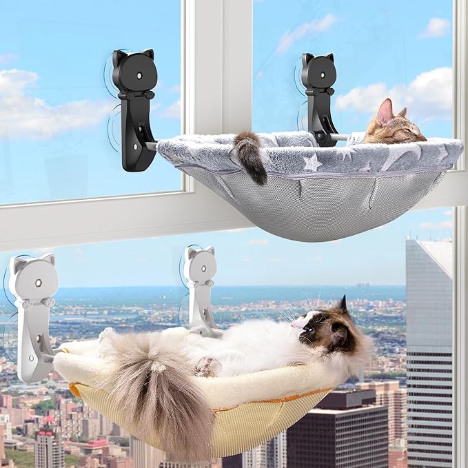 JUNSPOW Cat Window Perch Cordless, Glow in The Dark & Stable Cat Beds- Breathable Window Hammock for Overlooking, Sunbathing and Climbing - Maximum Hold Up to 40lb(Grey+Cream)