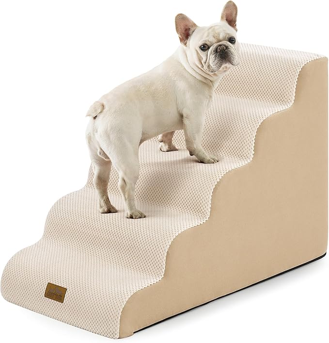 COZY KISS Wide Dog Stairs for Small Dog 22.6" H, Curved Pet Step for Puppy, Older Cat, Curved Ramp for High Bed or Car, Ladder with High Density Foam, Durable, 5 Step, 17.7x33x22.6 inch, Beige