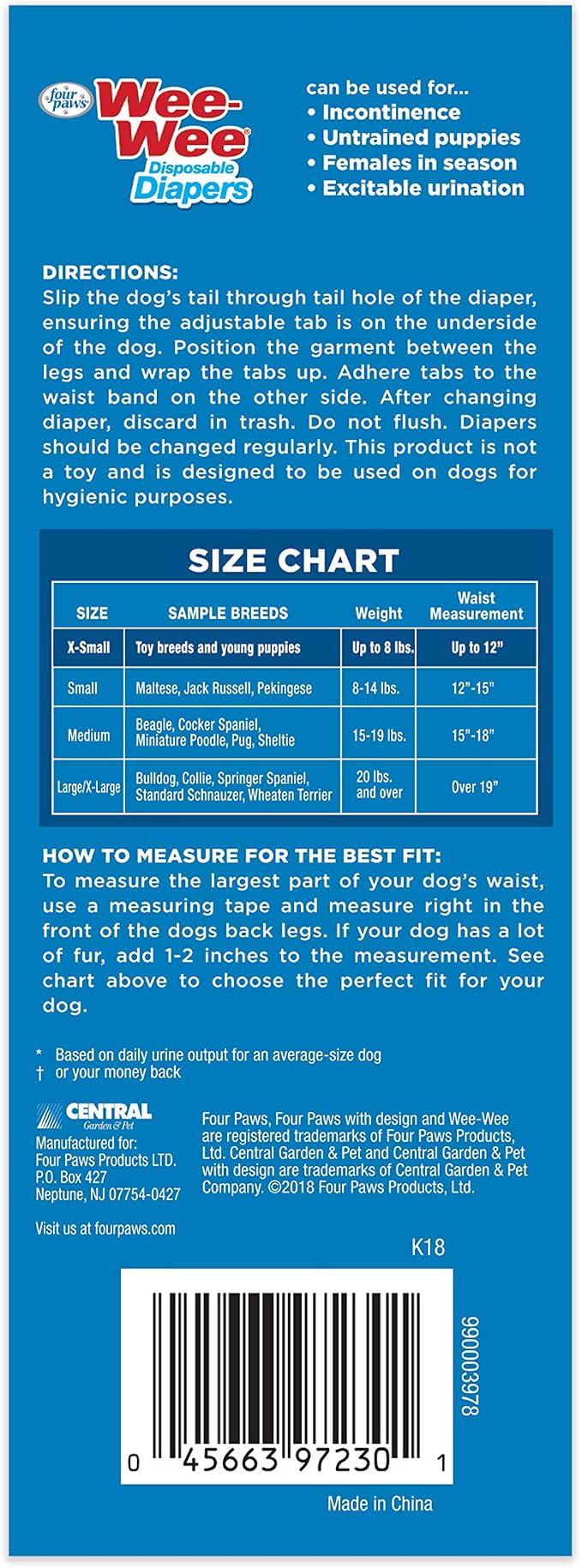 Four Paws Wee-Wee Super Absorbent Disposable Adjustable Dog Potty Training Diapers, Leak-Proof Protection for Dogs, Size Extra Small, Up to 8" Waist, 12 Count
