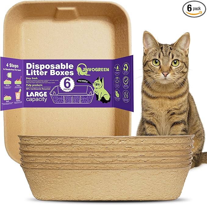 JINVOGREEN Disposable Litter Boxes for Cats, 6 Pack Cat Litter Trays for Travel, Temporary Use, or Liner – Leak-Proof, Eco-Friendly, Easy Clean-Up (16.1" x 12.4" x 3.7")