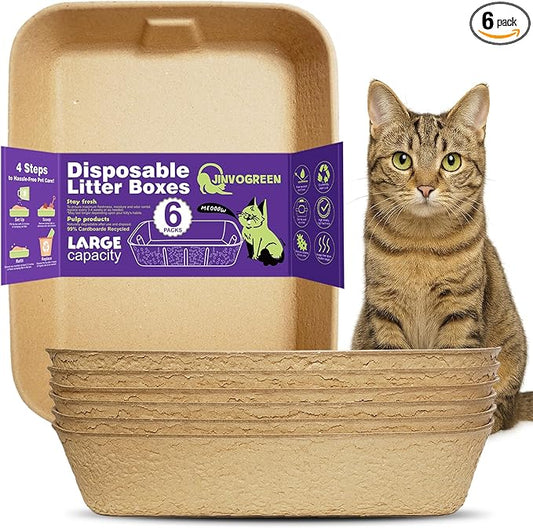 JINVOGREEN Disposable Litter Boxes for Cats, 6 Pack Cat Litter Trays for Travel, Temporary Use, or Liner – Leak-Proof, Eco-Friendly, Easy Clean-Up (16.1" x 12.4" x 3.7")