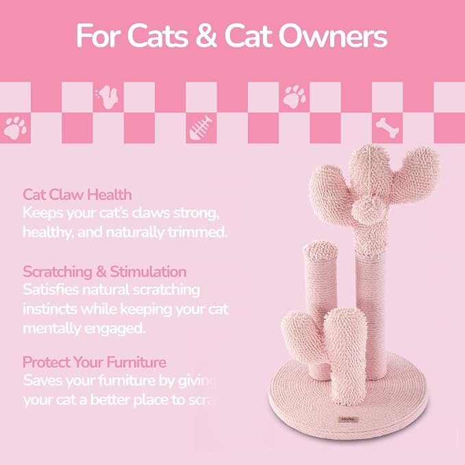 Marfa 21.5" Modern Triple Cactus Cat Scratching Post with Fuzzy Toy, Natural Jute Rope Scratcher with Weighted Non-Slip Base, Pink CTR1008C
