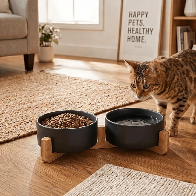 SPUNKYJUNKY Ceramic Dog and Cat Bowl Set with Wooden Stand, Modern Cute Weighted Food Water Set for Small Size Dogs (13.5OZ) & Medium Sized Dogs (28.7OZ) & Cats (1.7 Cups, 2 × Black)