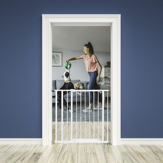 Ozzy & Kazoo Extra Tall Walk-Through Dog Gate, Fits Openings 28.75-39.75” Wide, White Metal Dog Gate, for Doorways and Stairways, 36” Tall