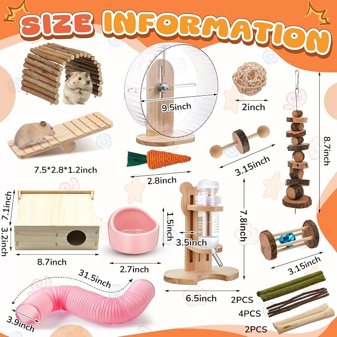 20 Pcs Hamster Toys Set, 16 Small Animal Chewing Toys, Maze Wood House, Silent Exercise Running Wheels and Water Bottle Set Feeding Bowl for Hamster Habitat Rat Cage Accessories(Pink)