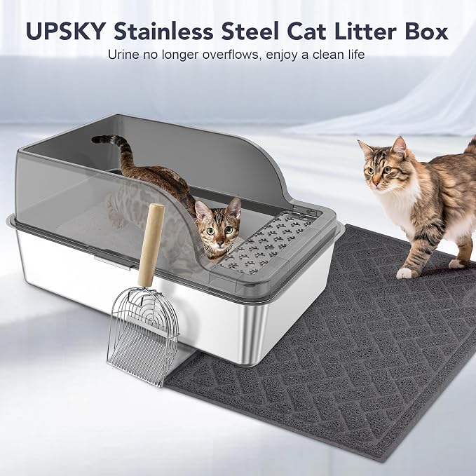 UPSKY Stainless Steel Cat Litter Box with Lid, XL Large Metal Litter Box for Large Breeds, Enclosed Kitty Litter Pan with High Sides, Leak-Proof & Non-Stick, Easy to Clean, Scoop and Mat Included