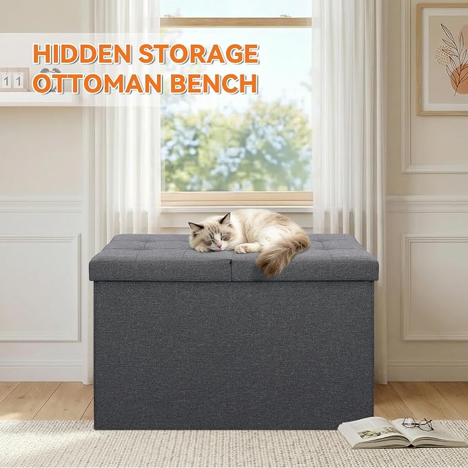 Cat Litter Box Enclosure Furniture for Odor Control, Hidden Cabinet Cat Litter Box Furniture Ottoman with Flip-Up Lid,Cats Litter Box Bench with Storage Space, Dog Proof (Grey, Large)
