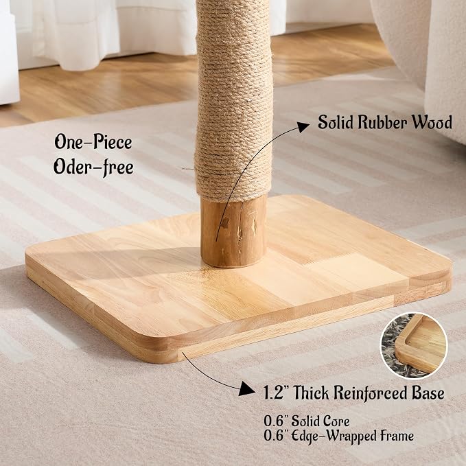 29" Tall Solid Wood Cat Scratching Post for Indoor Cats, Extra Stable Heavy Base, Natural Sisal Scratcher with Hanging Ball, Furniture Protector for Kittens & Adult Cats, Beige