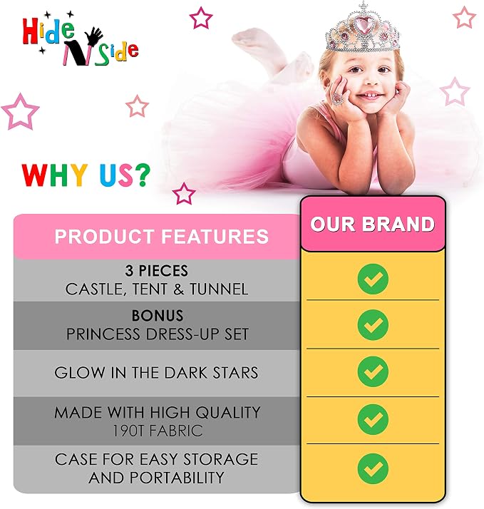Princess Play Tent Set with Dress Up Tunnel, Castle Playhouse - Glow in The Dark Stars, Birthday Gift for Girls Age 3-7