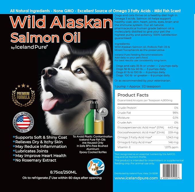 Wild Alaskan Salmon Oil for Dogs and Cats by Iceland Pure | 1,043 mg of Omega-3 per Teaspoon | Salmon Oil & Pollock Blend | BPA-Free Brushed Aluminum Epoxy Coated Bottle with Pump - 8.75 oz