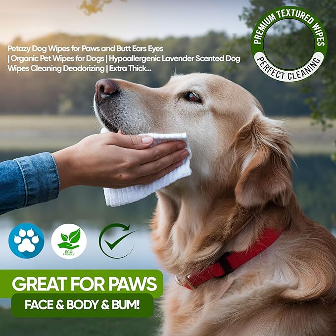 Petazy Pet Wipes for Dogs and Cats – 200 Count (8x8in) Hypoallergenic, Deodorizing Dog Wipes for Paws, Ears and Butt | XL with Aloe & Coconut Oil, Lavender Scented | Travel Size, 2 On-the-Go Packs