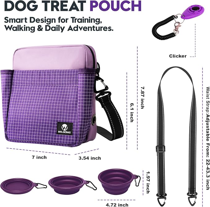 Dog Training Treat Pouch, Magnetic Dog Treat Fanny Pack for Walking, Crossbody Dog Walking Bag with Poop Bag Dispenser, Clicker & Collapsible Bowl - Purple