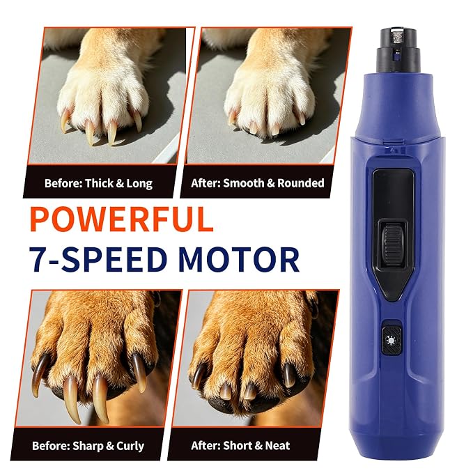 Dog Cat Nail Grinder with LED Light, 7 Speed Adjustable, Quiet Pet Nail Trimmer with 1 Grinding Heads, Cat and Dog Nail Clipper