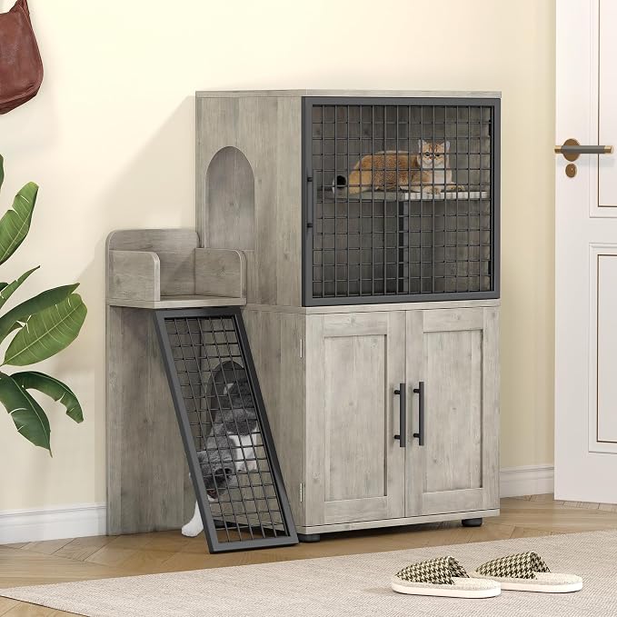 Cat Litter Box Enclosure Furniture with Double Layer Design, Hidden Litter Box & Lounge Villa for Indoor Cats - Includes Ladder, Platform, and Washroom Space for Living Room, Gray