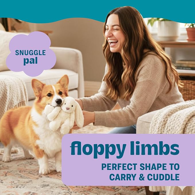 Calming Plush Dog Toy with Squeaker, Ultra-Soft Floppy Cuddle Companion, Coconut Scented, Bunny, Small, 7.9”