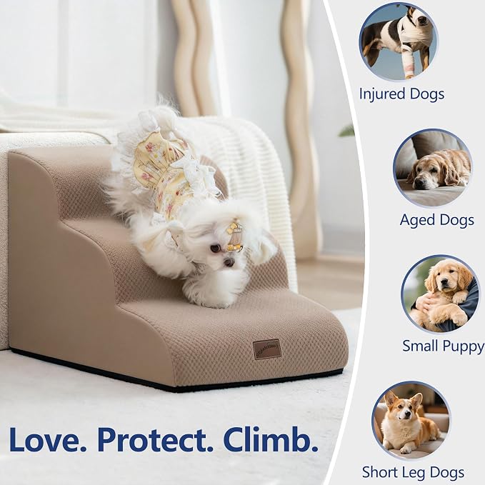 GoGoBunny Waterproof High Density Foam Curved Dog Stairs for High Beds Couches 19.7" H, 4-Step Ramp Dog Steps Friendly to Small Medium Dogs or Pets Joints, Non-Slip Balanced Durable Pet Step, Camel