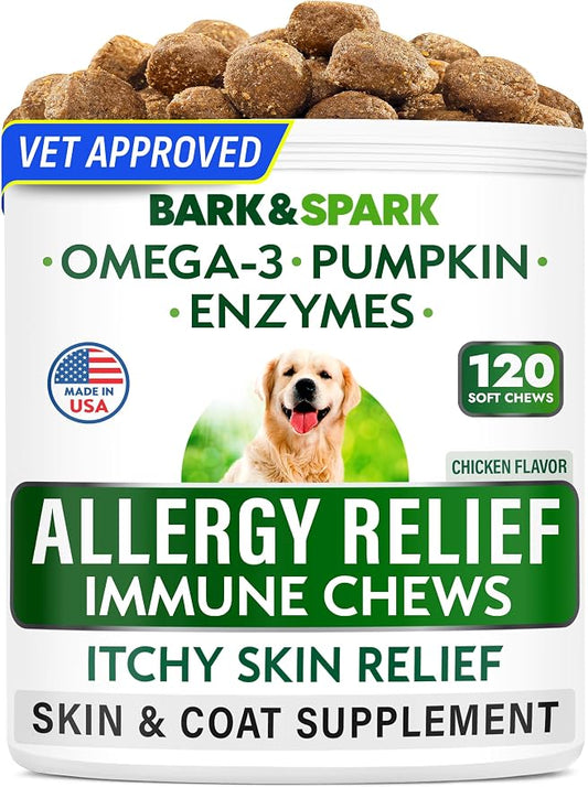 BARK&SPARK Dog Allergy Relief Soft Chews for Skin Health & Seasonal Allergies - Anti-Itch Supplement w/Omega-3, Quercetin & Bromelain Immune Treats for Dry Skin & Hot Spots - Chicken - 120ct