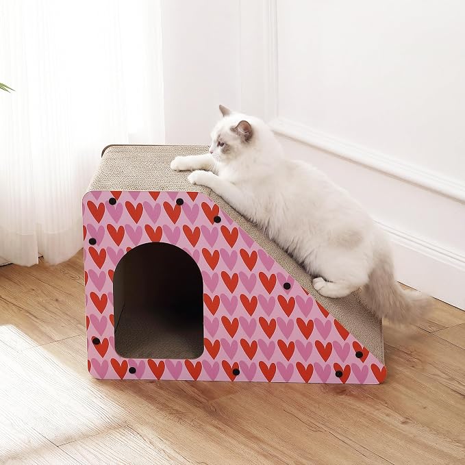 Kento 23.63" Modern Cardboard Cat Cave Scratcher with Catnip, Angled Trapezoid Hideaway House and Scratching Lounge for Indoor Cats, Heart Pattern CSR1008C