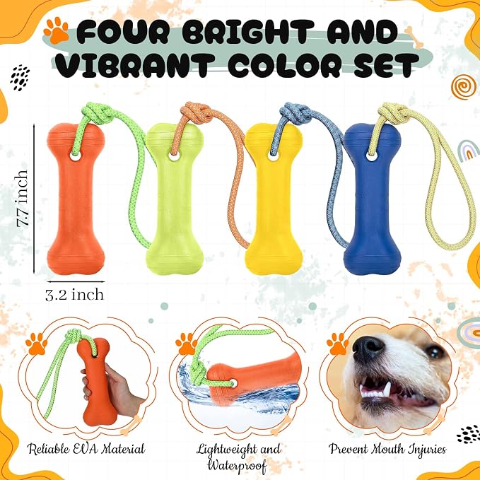 Skylety 4 Pack Floating Dog Toy with Rope Handle EVA Dog Bumper Throw Stick for Water Training Fetch Retrieving High Visibility Pool Water Toy for Beach Diving Pool Yard Summer Outdoor Play, Bone