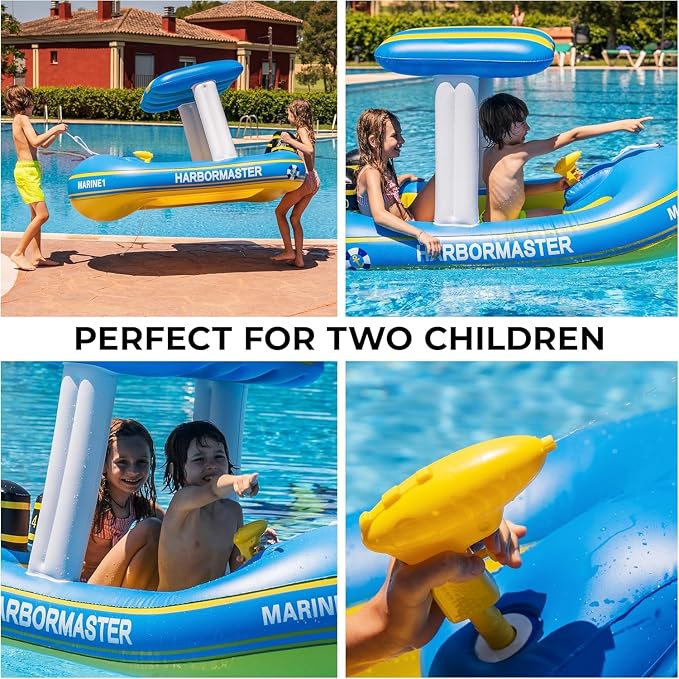 Police Boat Inflatable Pool Floats Kids, Toddler Harbor Master Police Patrol Inflatable Boat Pool Float Ride On, Fun Water Toy Squirter Pool Toy, Police & Fire Rescue Theme Pool Raft for Boys, Girl