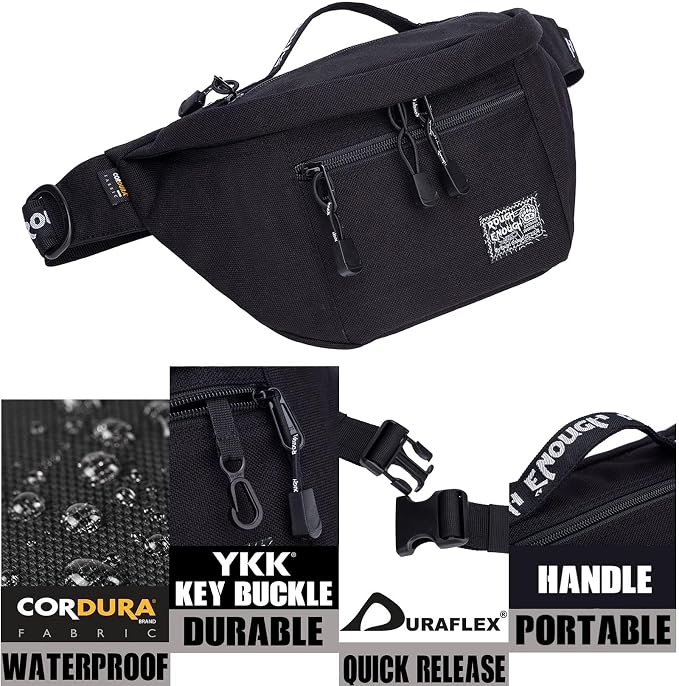 Rough Enough Tactical Fanny Pack for Men Lightweight Waterproof Waist Bag Crossbody for Fishing Hiking Dog Walking (Black)