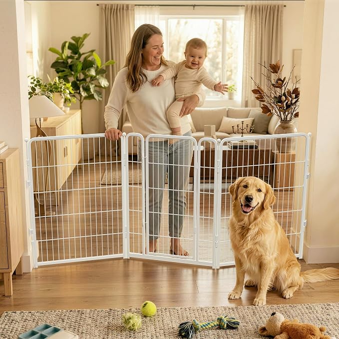 FXW Dog Gate Extra Wide Designed for Indoor Use, Adjustable Width Up to 83-inch Wide (40" H 3 Wire Panels for Medium and Large Dogs), White