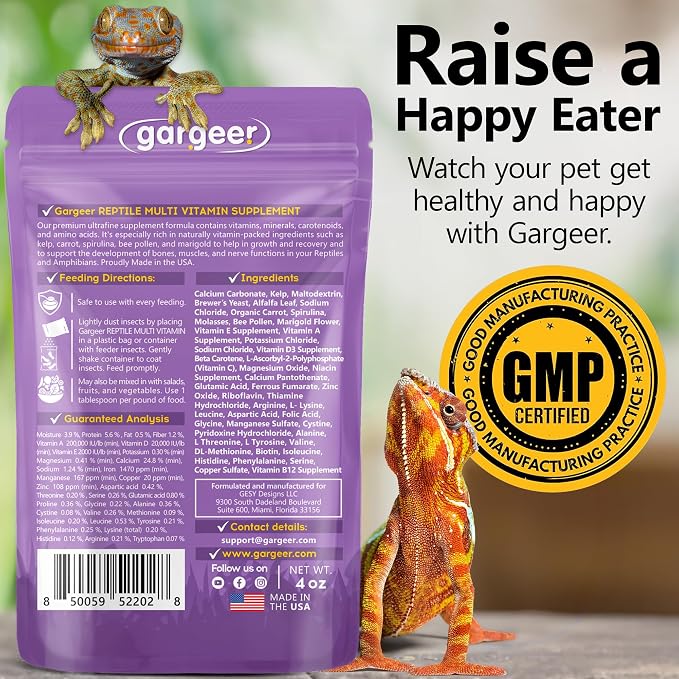 Gargeer 4oz All Reptile & Amphibian Multi-Vitamin Powder. Premium Supplement, Supports Growth, Recovery, and Development. Boosted with Minerals, Carotenoids, and Amino Acids. Made in USA. Enjoy!
