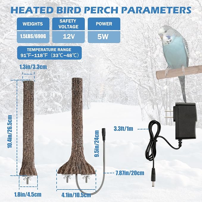 Heated Birds Perch Bird Warmer Birdcage Heater for Cage Winter 100°F-105°F Constant Temperature Birds Heater for Parrots Conure Parakeets Cockatiels Small Bird Mini Macaw