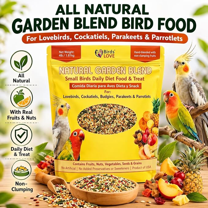 Birds LOVE Natural Garden Blend Bird Food for Small Birds, 4 lb - Hand Packed in USA, Natural Mix with Fruits, Seeds & Grains for Lovebirds, Cockatiels, Budgies & Parakeets