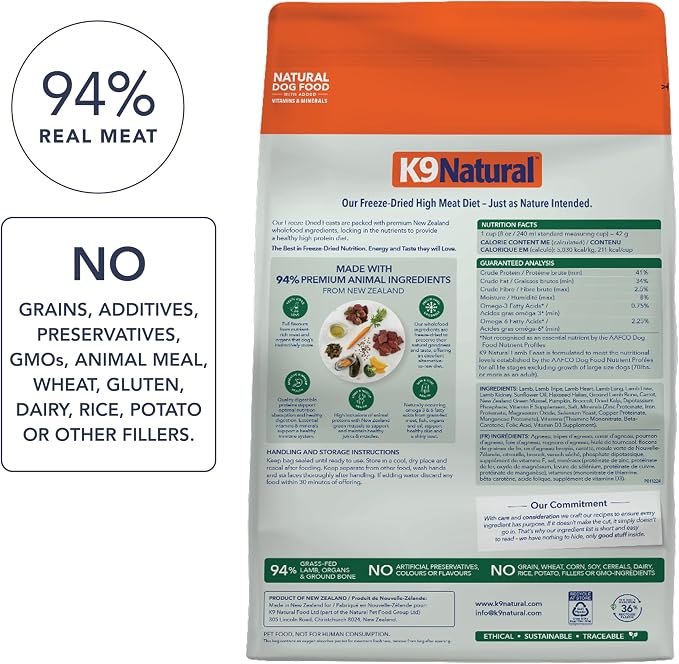 K9 Natural Lamb Freeze Dried Dog Food, High-Meat Natural Complete Meal or Meal Toppers for Dogs, Grass-Fed Lamb from New Zealand, Grain-Free, GMO-Free, Complete & Balanced Nutrition, 4lb