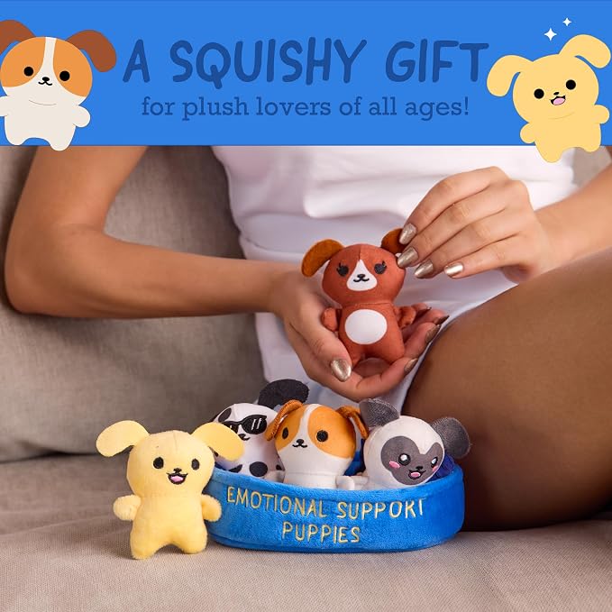 Emotional Support Puppies by Relatable, Cuddly Stuffed Animals, Plushies, and Cute Stuff, Great Gift Ideas for Loved Ones of All Ages, Includes 5 Plushies with Carrying Basket