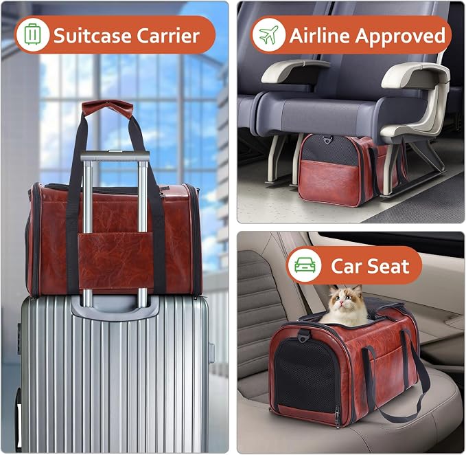 Lasaviin Fashion Leather Dog Carrier Cat Carrier Airline Approved Pet Carrier for Small Medium Dogs Cats Under 15Lbs, Collapsible Soft Sided Travel Puppy Carrier Coffee